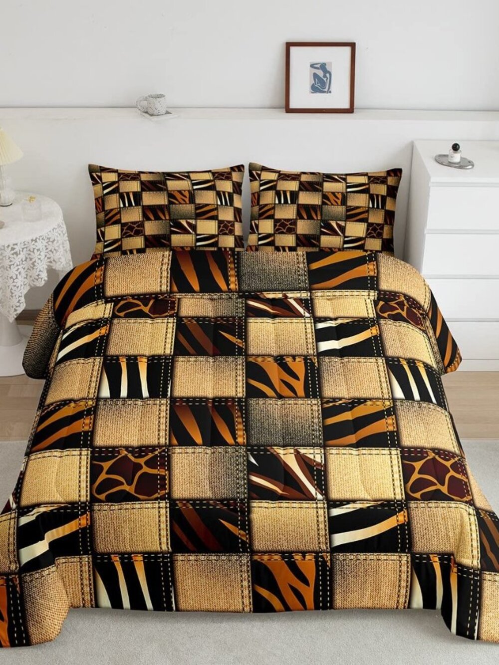 Animal Fur Patchwork King Size Comforter Set,Kids Wild Animals Skin Decor All